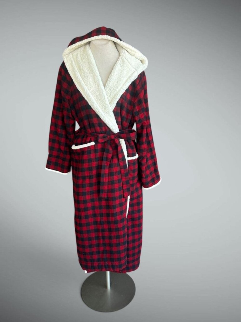 L.L. Bean Red Black Buffalo Check Fleece Lined Hooded Robe Size XL Unisex